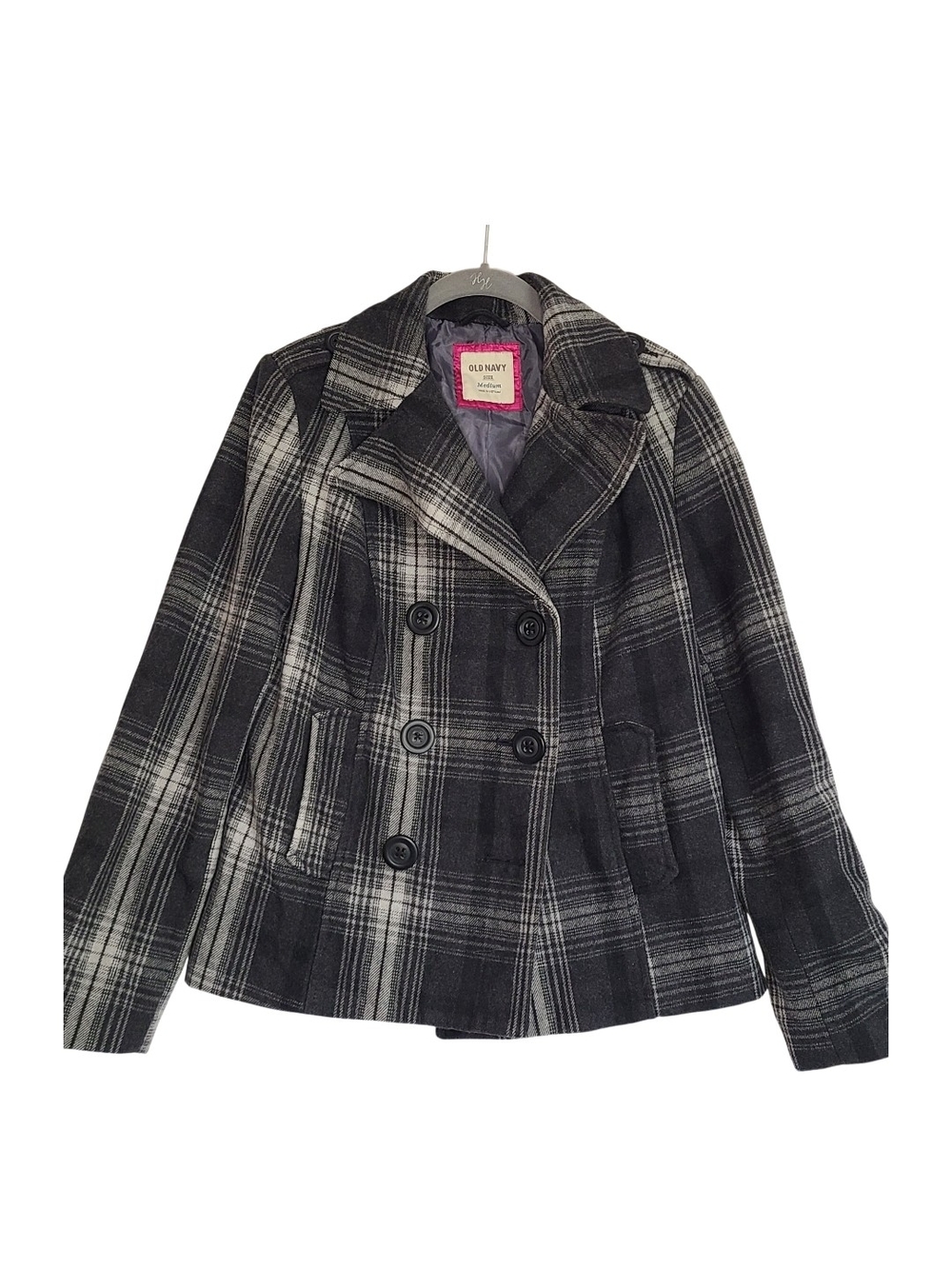 Old Navy Gray Black Plaid Wool Blend Double Breasted Peacoat Jacket Medium